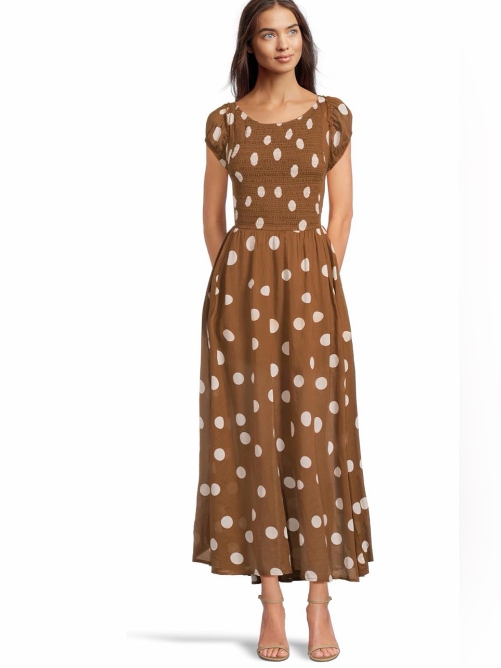 Free People Brown Maxi Dress with White Polka Dots